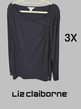 Liz Claibrone Black Asymmetrical Neck Longsleeve Blouse Top Womens Plus 3X